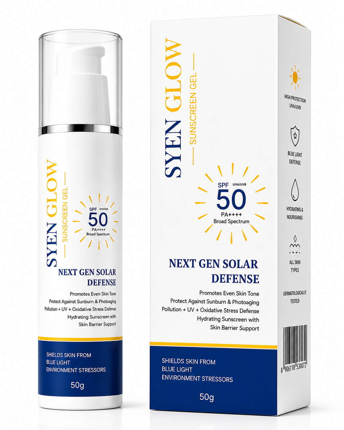 SyenGlow Sunscreen Gel SPF 50 PA++++ Broad Spectrum Protection for Face, Blue Light Defense Sunscreen with Hydrating Formula, Lightweight Non-Greasy Daily Use Sun Protection for All Skin Types, 50g