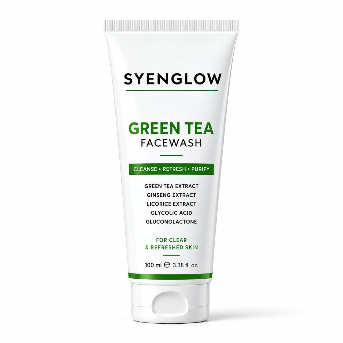 Syenglow Green Tea Face Wash | Green Tea, Ginseng & Licorice Extract | Refreshing Cleanser with Glycolic Acid & Gluconolactone for Clear, Refreshed Skin – 100ml
