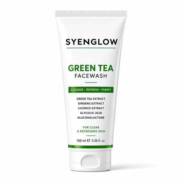 Syenglow Green Tea Face Wash | Green Tea, Ginseng & Licorice Extract | Refreshing Cleanser with Glycolic Acid & Gluconolactone for Clear, Refreshed Skin – 100ml