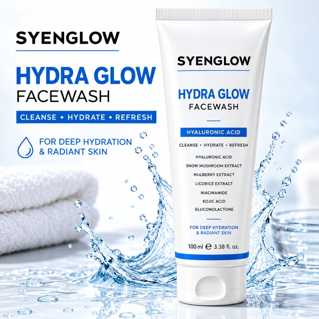 Syenglow Hydra Glow Face Wash | Hyaluronic Acid, Niacinamide & Kojic Acid | Hydrating Cleanser with Snow Mushroom, Mulberry & Licorice Extracts for Radiant Skin – 100ml Secondary image