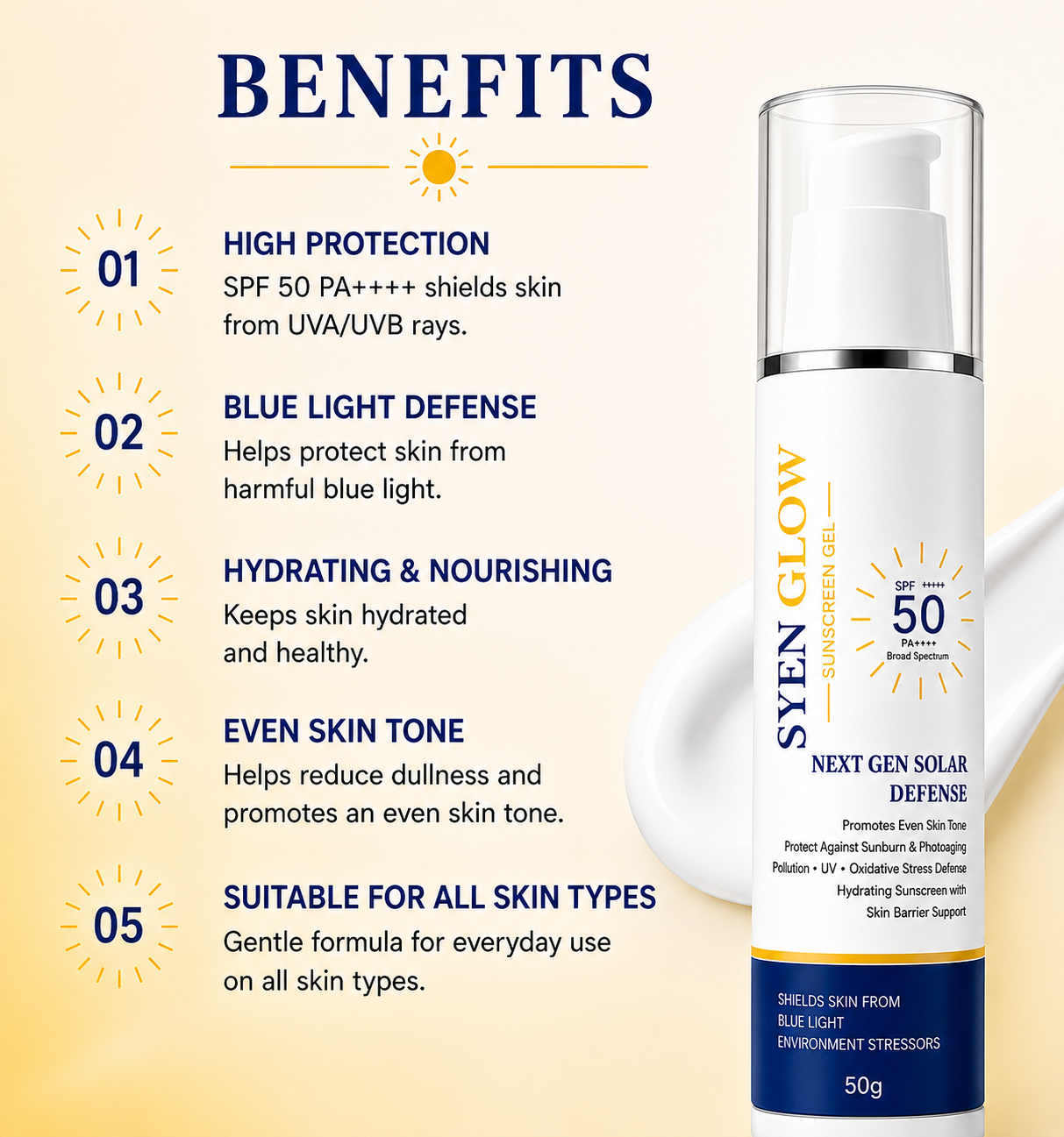 SyenGlow Sunscreen Gel SPF 50 PA++++ Broad Spectrum Protection for Face, Blue Light Defense Sunscreen with Hydrating Formula, Lightweight Non-Greasy Daily Use Sun Protection for All Skin Types, 50g