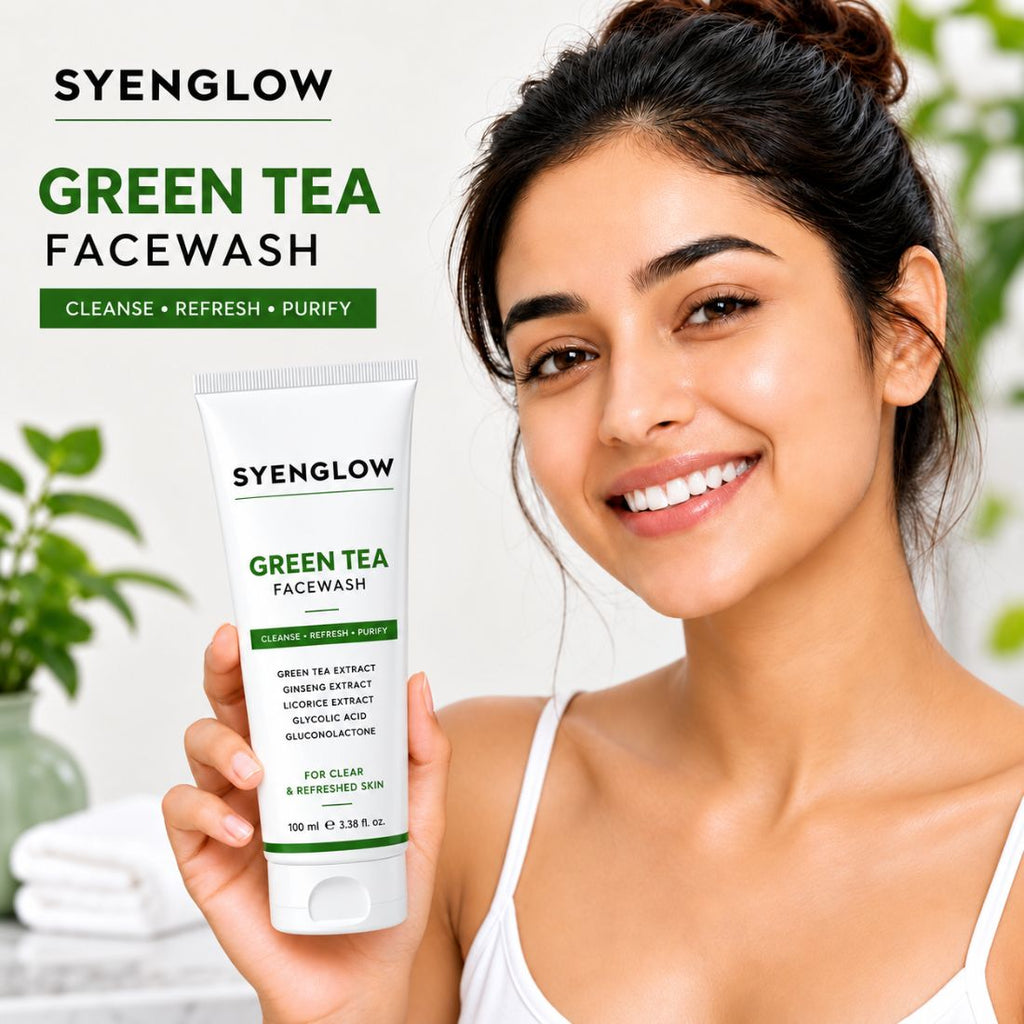 Syenglow Green Tea Face Wash | Green Tea, Ginseng & Licorice Extract | Refreshing Cleanser with Glycolic Acid & Gluconolactone for Clear, Refreshed Skin – 100ml