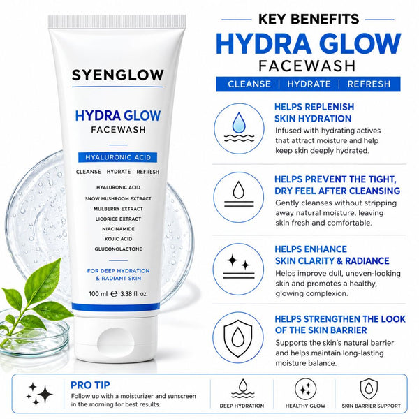 Syenglow Hydra Glow Face Wash | Hyaluronic Acid, Niacinamide & Kojic Acid | Hydrating Cleanser with Snow Mushroom, Mulberry & Licorice Extracts for Radiant Skin – 100ml