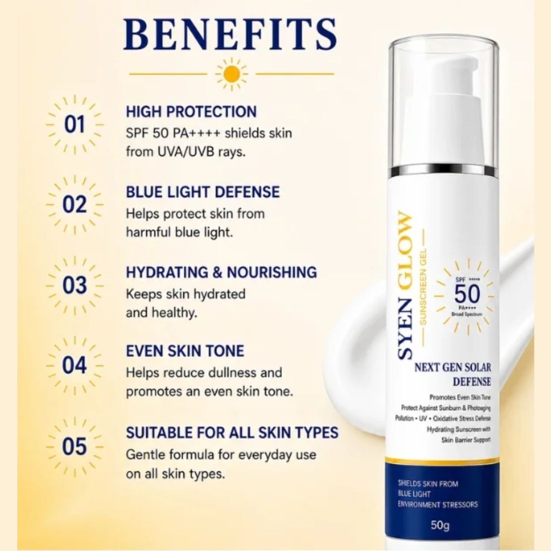 Syenglow Sunscreen Gel SPF 50 PA++++ | UVA/UVB Broad Spectrum Protection | Blue Light Defense Sunscreen with Niacinamide | Hydrating Formula | Ultra light, Oily, Dry & Sensitive Skin Daily Use Sun Protection for All Skin Types, 50g