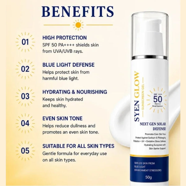 Syenglow Sunscreen Gel SPF 50 PA++++ | UVA/UVB Broad Spectrum Protection | Blue Light Defense Sunscreen with Niacinamide | Hydrating Formula | Ultra light, Oily, Dry & Sensitive Skin Daily Use Sun Protection for All Skin Types, 50g