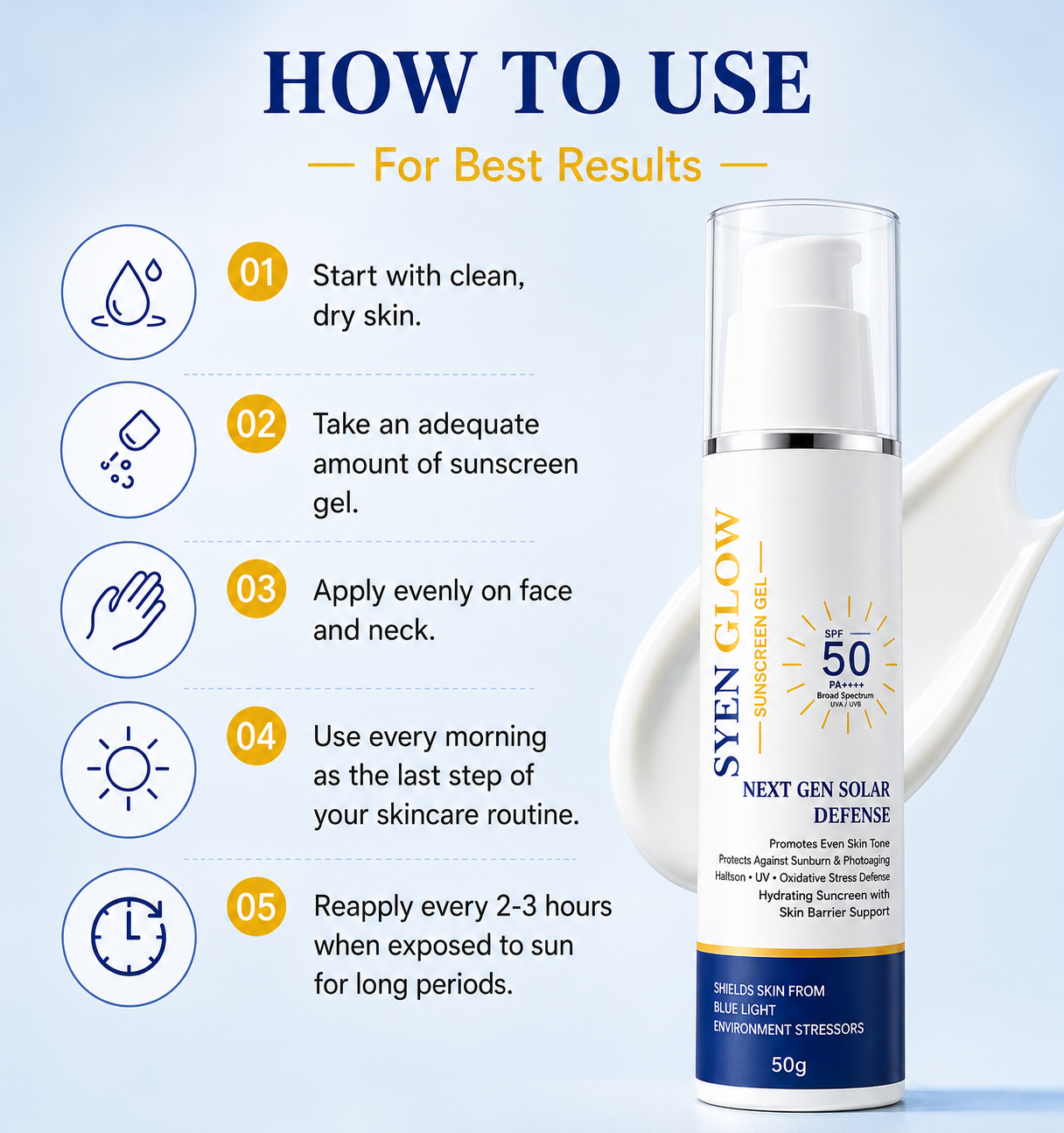 SyenGlow Sunscreen Gel SPF 50 PA++++ Broad Spectrum Protection for Face, Blue Light Defense Sunscreen with Hydrating Formula, Lightweight Non-Greasy Daily Use Sun Protection for All Skin Types, 50g