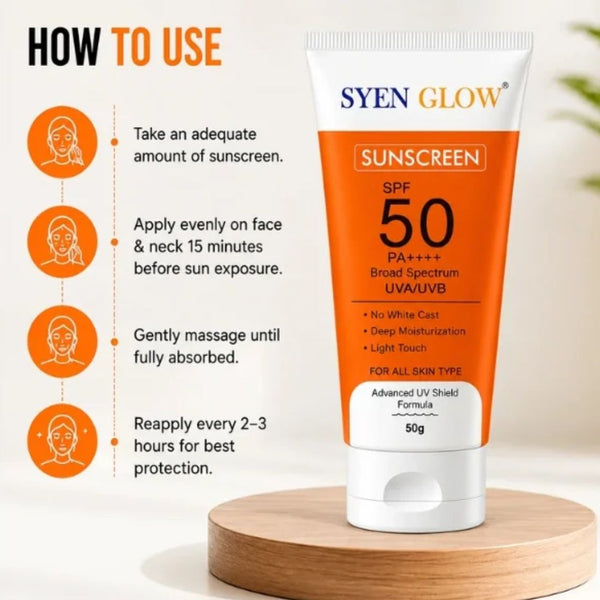 Syenglow SPF 50 PA++++ | UVA/UVB Broad Spectrum Protection Cream for Face & Body | No White Cast | Moisturizing Formula | Oily, Dry & Sensitive Skin | Suitable for All Skin Types | 50g