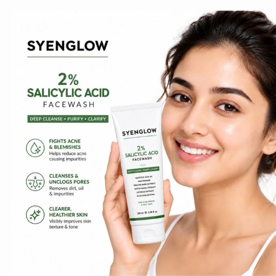 Syenglow 2% Salicylic Acid Face Wash | Niacinamide & Licorice Extract | Deep Cleansing Face Cleanser for Acne-Prone & Oily Skin – 100ml