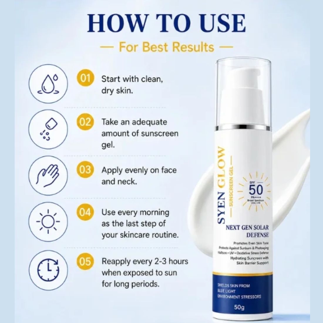 Syenglow Sunscreen Gel SPF 50 PA++++ | UVA/UVB Broad Spectrum Protection | Blue Light Defense Sunscreen with Niacinamide | Hydrating Formula | Ultra light, Oily, Dry & Sensitive Skin Daily Use Sun Protection for All Skin Types, 50g