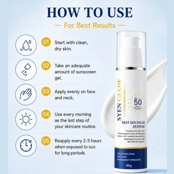 Syenglow Sunscreen Gel SPF 50 PA++++ | UVA/UVB Broad Spectrum Protection | Blue Light Defense Sunscreen with Niacinamide | Hydrating Formula | Ultra light, Oily, Dry & Sensitive Skin Daily Use Sun Protection for All Skin Types, 50g