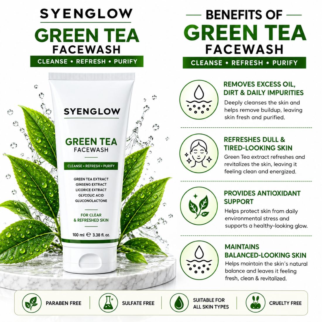 Syenglow Green Tea Face Wash | Green Tea, Ginseng & Licorice Extract | Refreshing Cleanser with Glycolic Acid & Gluconolactone for Clear, Refreshed Skin – 100ml