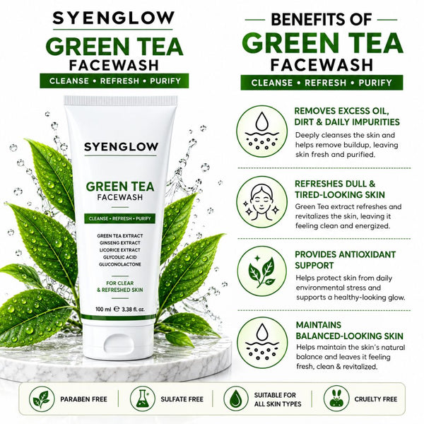 Syenglow Green Tea Face Wash | Green Tea, Ginseng & Licorice Extract | Refreshing Cleanser with Glycolic Acid & Gluconolactone for Clear, Refreshed Skin – 100ml
