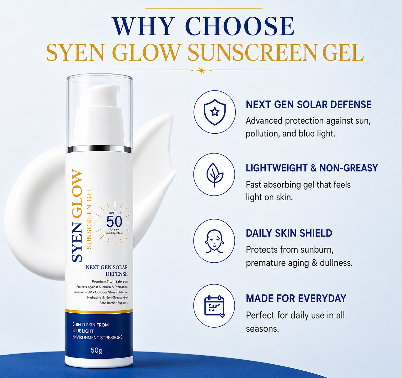 SyenGlow Sunscreen Gel SPF 50 PA++++ Broad Spectrum Protection for Face, Blue Light Defense Sunscreen with Hydrating Formula, Lightweight Non-Greasy Daily Use Sun Protection for All Skin Types, 50g