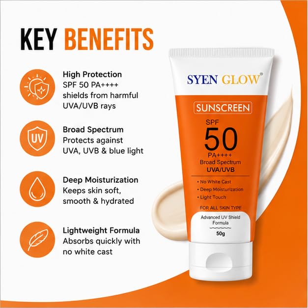 SYEN GLOW Sunscreen SPF 50 PA++++ | Broad Spectrum Daily Sunscreen | Lightweight Formula | 50 g