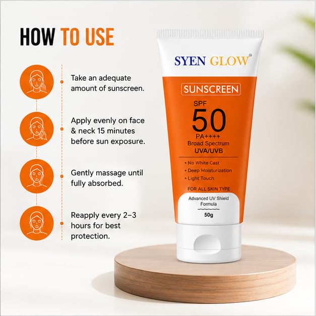 SYEN GLOW Sunscreen SPF 50 PA++++ | Broad Spectrum Daily Sunscreen | Lightweight Formula | 50 g