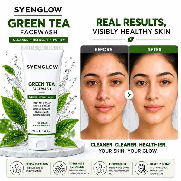 Syenglow Green Tea Face Wash | Green Tea, Ginseng & Licorice Extract | Refreshing Cleanser with Glycolic Acid & Gluconolactone for Clear, Refreshed Skin – 100ml