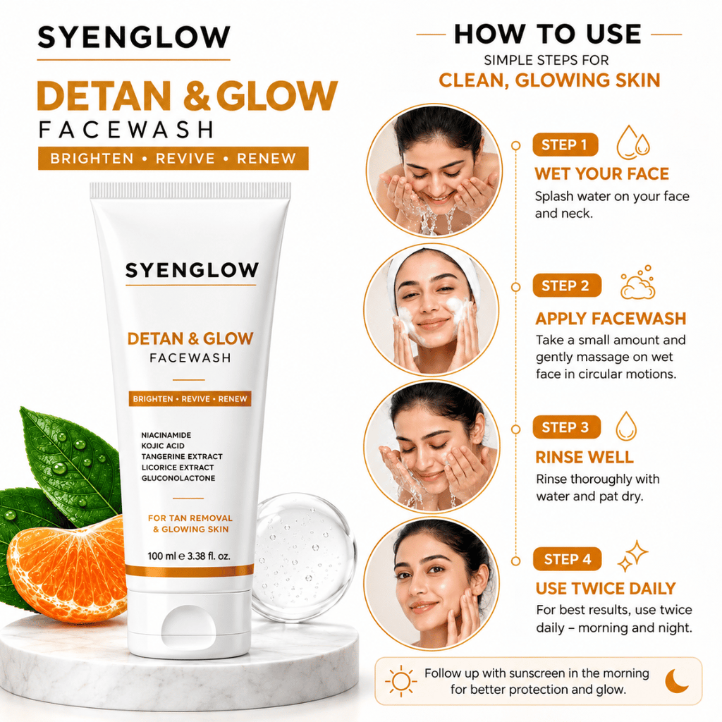 Syenglow Detan & Glow Face Wash | Niacinamide, Kojic Acid & Tangerine Extract | Hydrating Brightening Cleanser for Dry & Normal Skin – 100ml