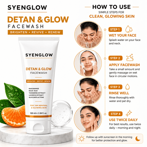 Syenglow Detan & Glow Face Wash | Niacinamide, Kojic Acid & Tangerine Extract | Hydrating Brightening Cleanser for Dry & Normal Skin – 100ml