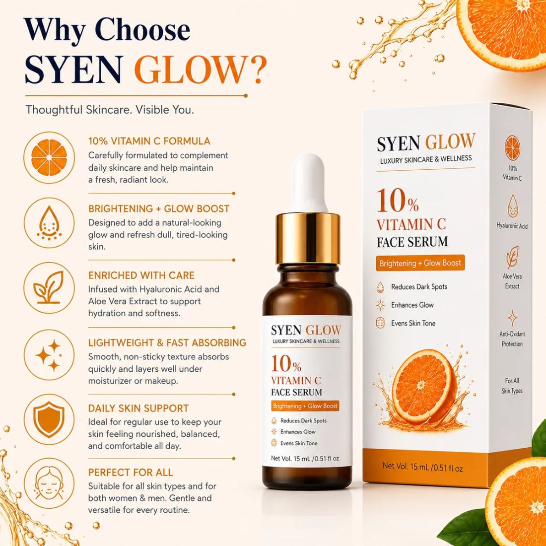 Syenglow 10% Vitamin C Face Serum with Niacinamide & Kojic Acid – 15 mL