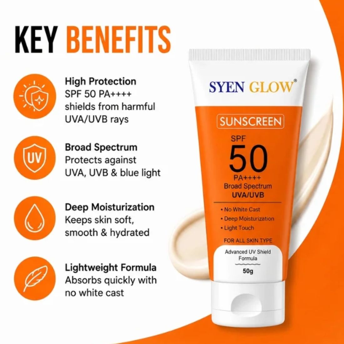 Syenglow SPF 50 PA++++ | UVA/UVB Broad Spectrum Protection Cream for Face & Body | No White Cast | Moisturizing Formula | Oily, Dry & Sensitive Skin | Suitable for All Skin Types | 50g