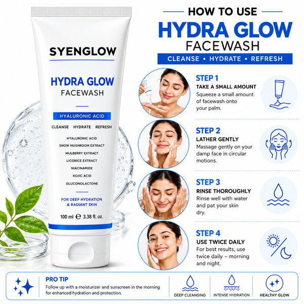 Syenglow Hydra Glow Face Wash | Hyaluronic Acid, Niacinamide & Kojic Acid | Hydrating Cleanser with Snow Mushroom, Mulberry & Licorice Extracts for Radiant Skin – 100ml