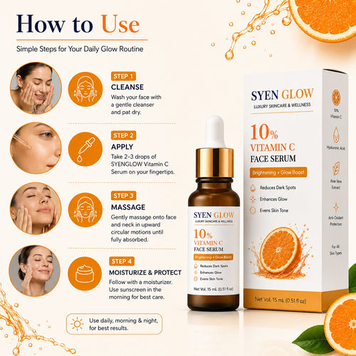 SYENGLOW Vitamin C Face Serum 10% for Men & Women, Glow Boost Facial Serum Lightweight Non-Sticky Formula for Dull & Tired Looking Skin, 15 mL