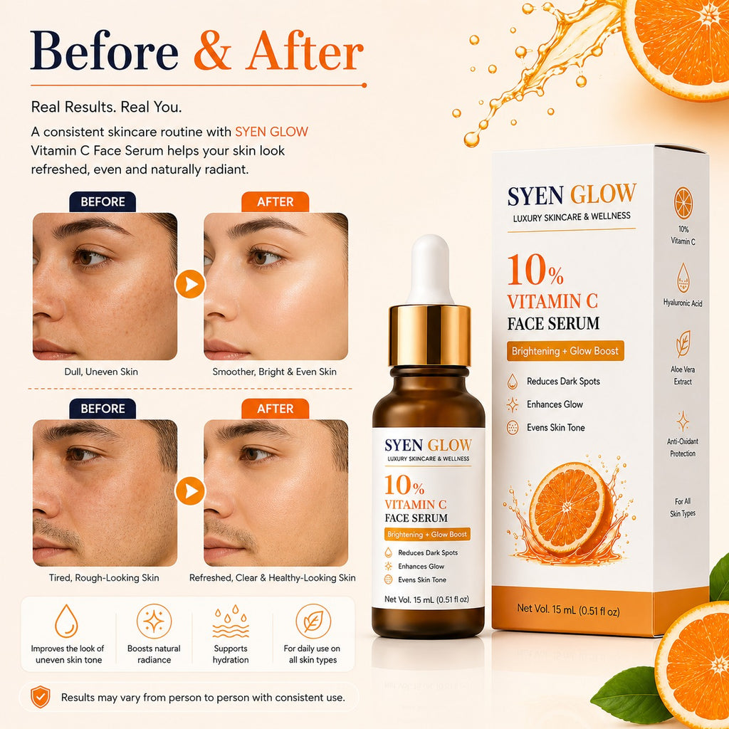 SYENGLOW Vitamin C Face Serum 10% for Men & Women, Glow Boost Facial Serum Lightweight Non-Sticky Formula for Dull & Tired Looking Skin, 15 mL
