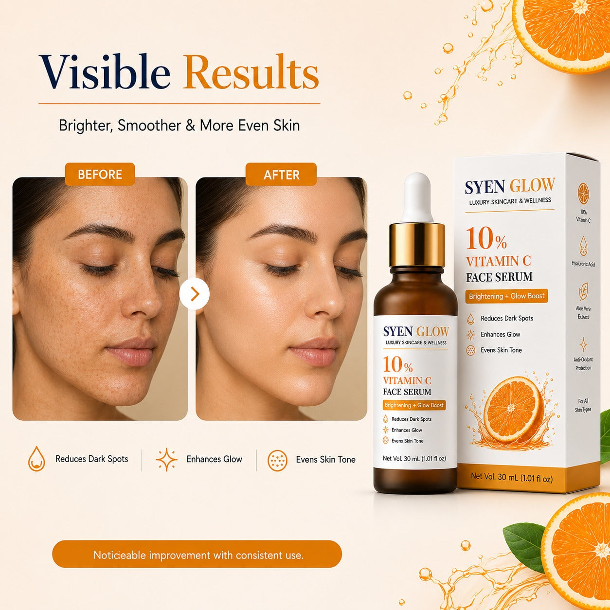 SYENGLOW 10% Vitamin C Face Serum for Dull & Uneven Skin Tone, Brightening Glow Boost Serum for Daily Face Care, 30 mL