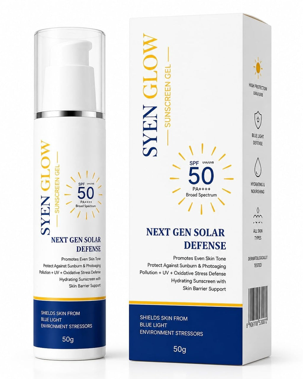 SYENGLOW Sunscreen Gel SPF 50 PA++++ Broad Spectrum Protection for Face, Blue Light Defense Sunscreen with Hydrating Formula, Lightweight Non-Greasy Daily Use Sun Protection for All Skin Types, 50g