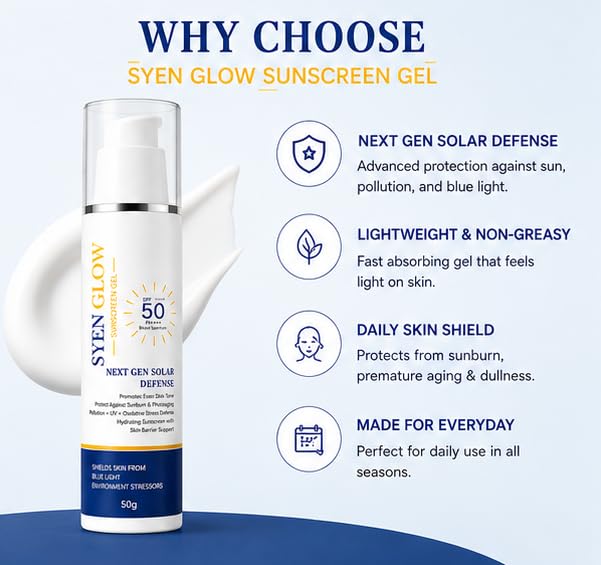 SYENGLOW Sunscreen Gel SPF 50 PA++++ Broad Spectrum Protection for Face, Blue Light Defense Sunscreen with Hydrating Formula, Lightweight Non-Greasy Daily Use Sun Protection for All Skin Types, 50g
