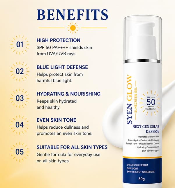 SYENGLOW Sunscreen Gel SPF 50 PA++++ Broad Spectrum Protection for Face, Blue Light Defense Sunscreen with Hydrating Formula, Lightweight Non-Greasy Daily Use Sun Protection for All Skin Types, 50g