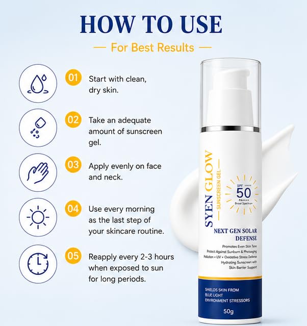 SYENGLOW Sunscreen Gel SPF 50 PA++++ Broad Spectrum Protection for Face, Blue Light Defense Sunscreen with Hydrating Formula, Lightweight Non-Greasy Daily Use Sun Protection for All Skin Types, 50g