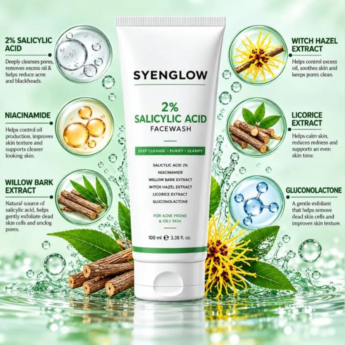 Syenglow 2% Salicylic Acid Face Wash | Niacinamide & Licorice Extract | Deep Cleansing Face Cleanser for Acne-Prone & Oily Skin – 100ml